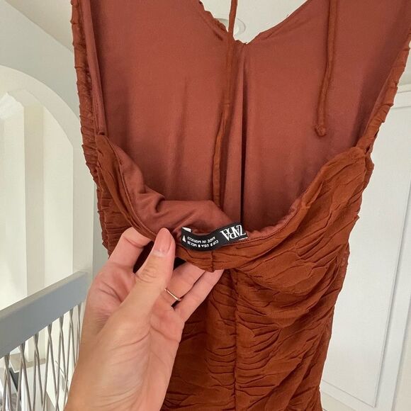 Zara chocolate ruched and Ruffled mini Dress, S - Picture 4 of 4